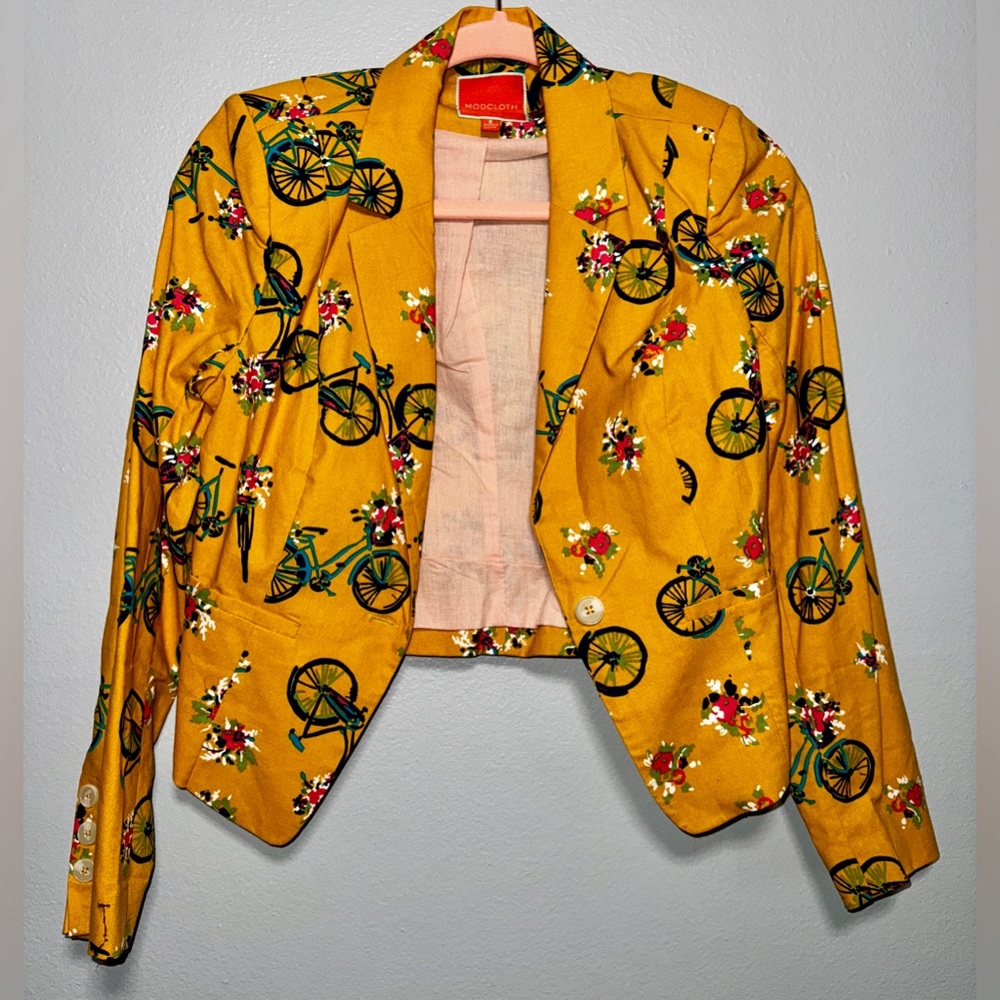 Modcloth Yellow Bicycle Print Blazer NWOT